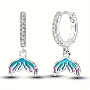 925 Sterling Silver Colorful Mermaid Fishtail Drop Dangle Earrings